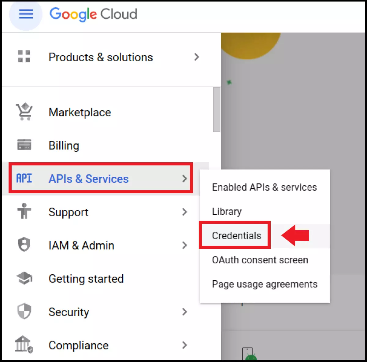 Menu Google Cloud avec « Identifiants » sous « API et services »