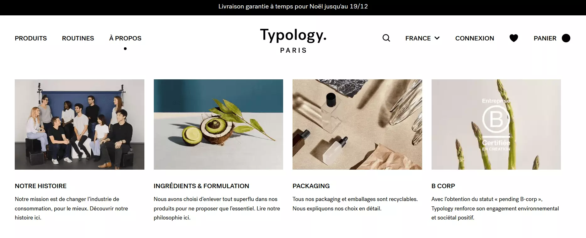 Page « À propos de nous » de la marque de cosmétique Typology