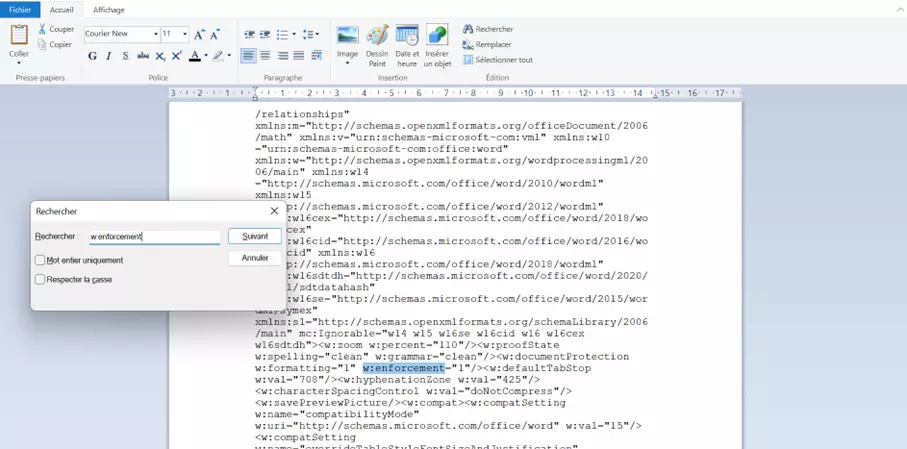 Paramètres de protection du document dans un document XML Word