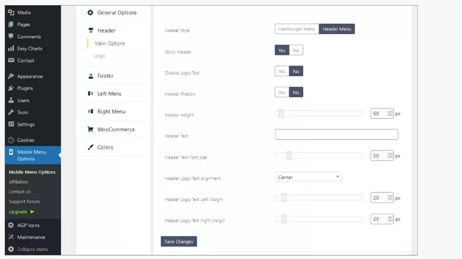 Interface administrateur du plugin WP Mobile Menu de WordPress