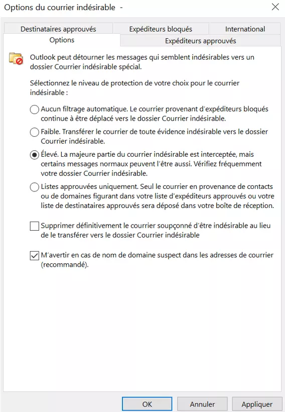 Options du courrier indésirable dans Outlook