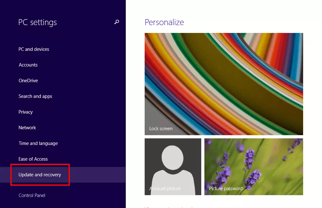 Paramètres du PC de Windows 8 avec l’option « Mise à jour et récupération »