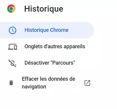 Capture d’écran des options d’historique dans le navigateur Chrome