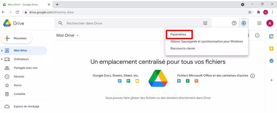 Élément de menu « Paramètres » dans le menu rapide de Chrome