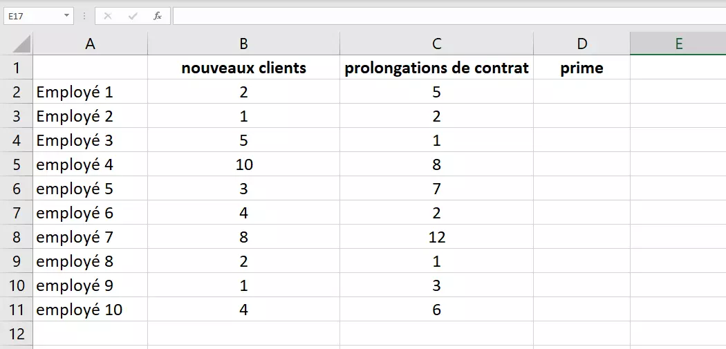 Exemple Excel : créer un tableau