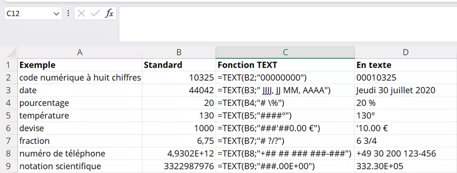 Exemples d’application de la fonction TEXTE