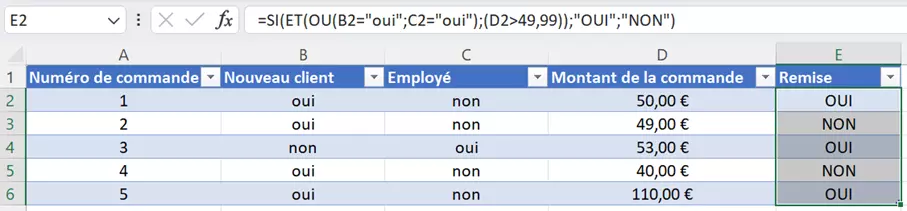 Excel : résultat après combinaison de plusieurs fonctions