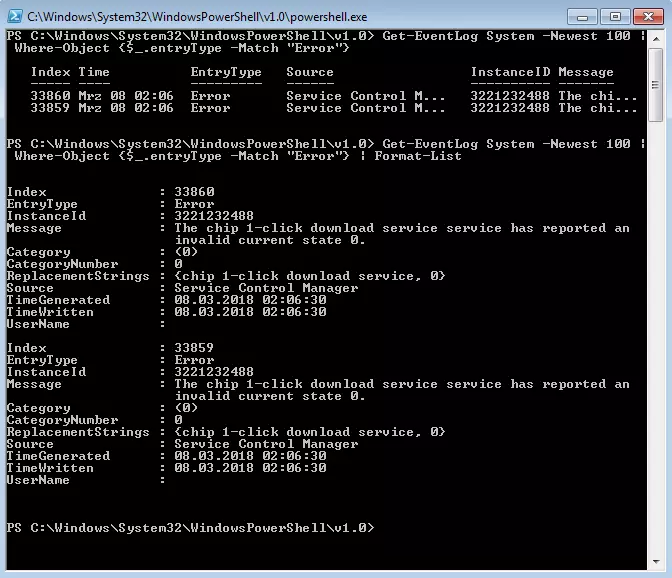 Résultats de la pipeline Get-EventLog System -Newest 100 | Where-Object {$_.entryType -Match "Error"} et Fortmat-List