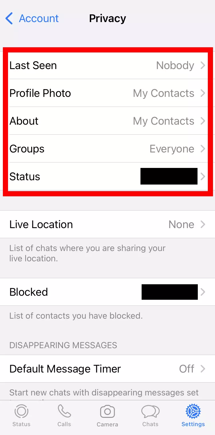 Capture d’écran iPhone de la partie « Confidentialité » de WhatsApp