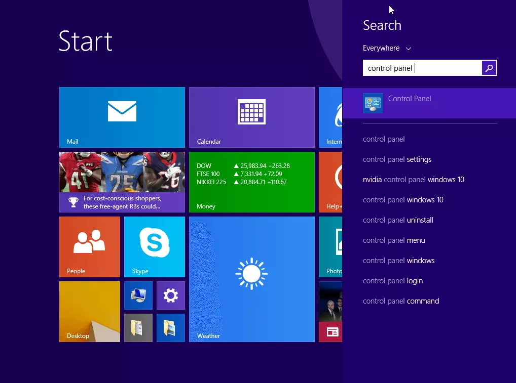 Recherche de « Panneau de configuration » sous Windows 8