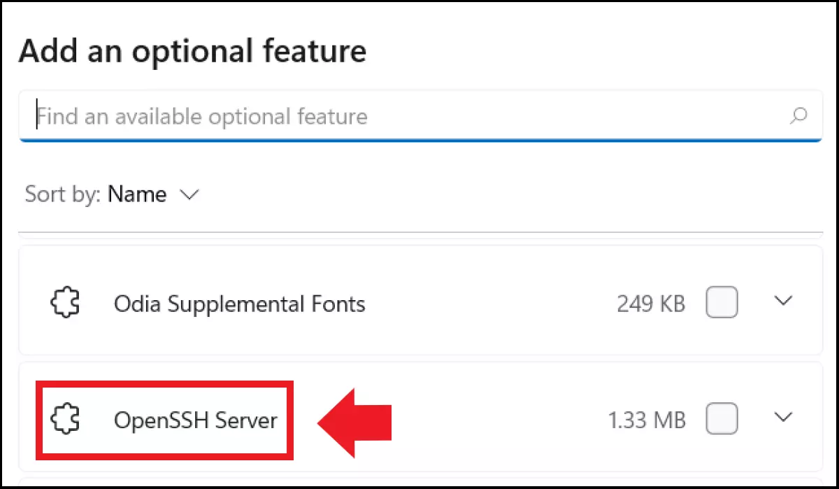 L’installation du serveur OpenSSH sous « Fonctionnalités facultatives »