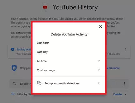 Boîte de dialogue « Supprimer activités YouTube »