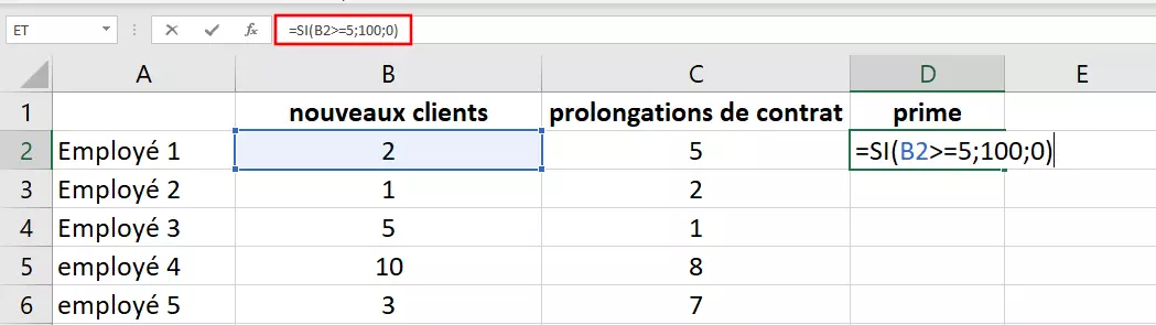 La fonction SI dans un tableur Excel