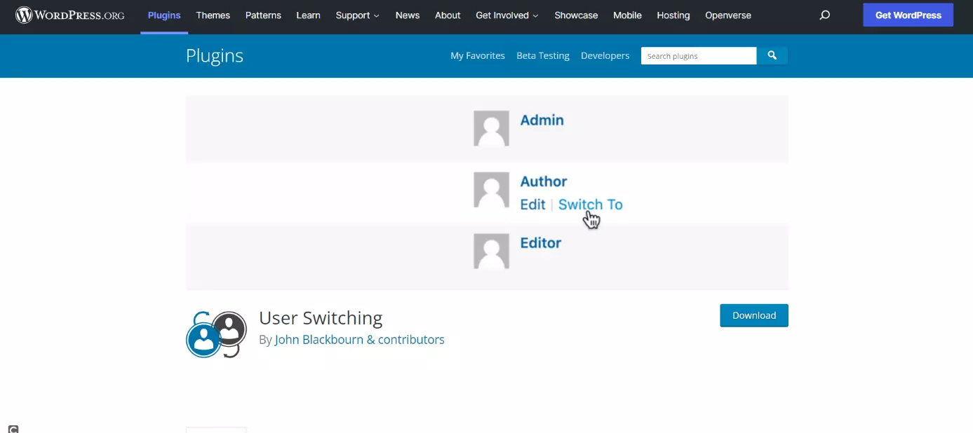 Page d’accueil du plugin WordPress User Switching