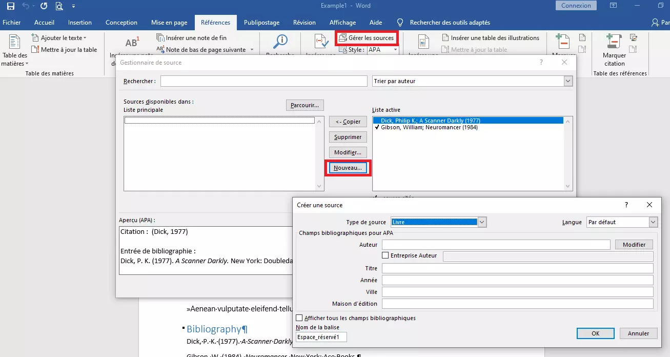 Gestionnaire de sources dans Word