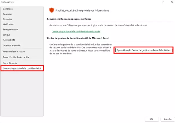 « Options Excel » dans Excel