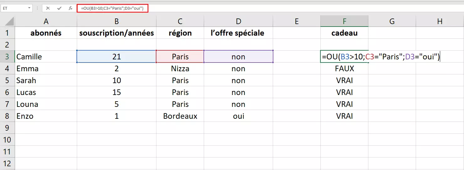 La fonction OU avec catégories personnalisées