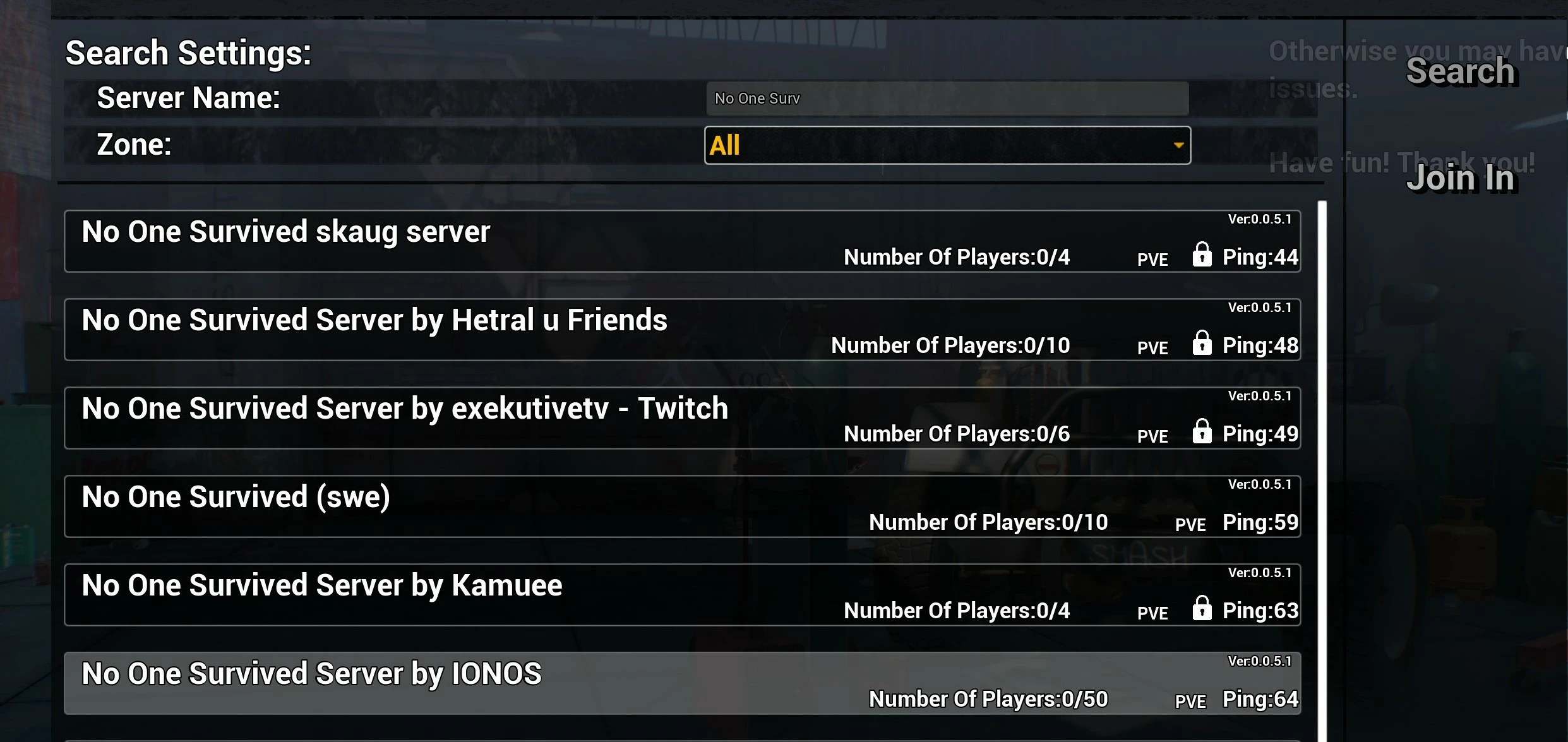 No One Survived : recherche de serveur
