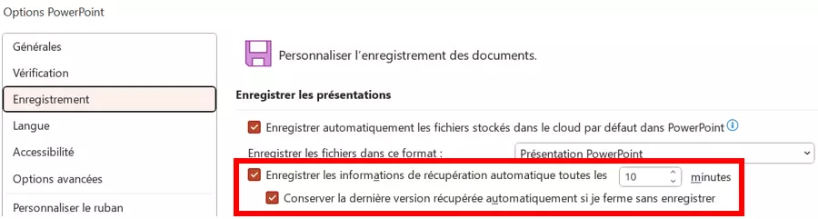 Options PowerPoint : récupération automatique