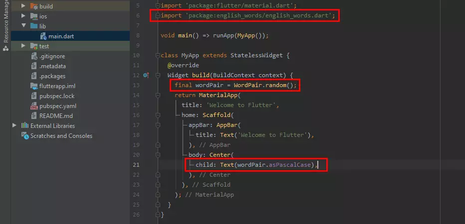 Android Studio : code de l’application tutoriel Flutter adapté