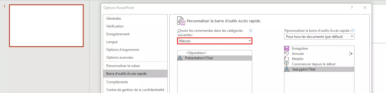 Menu « Barre d’outils Accès rapide » dans PowerPoint 365