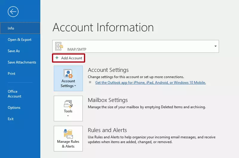 Outlook : bouton « Ajouter un compte »