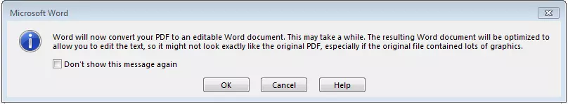 Informations lors de la conversion d'un PDF en document Word