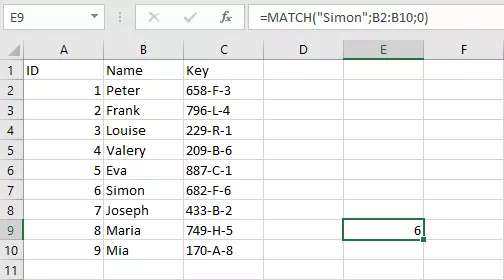 Exemple dans Excel avec la fonction EQUIV