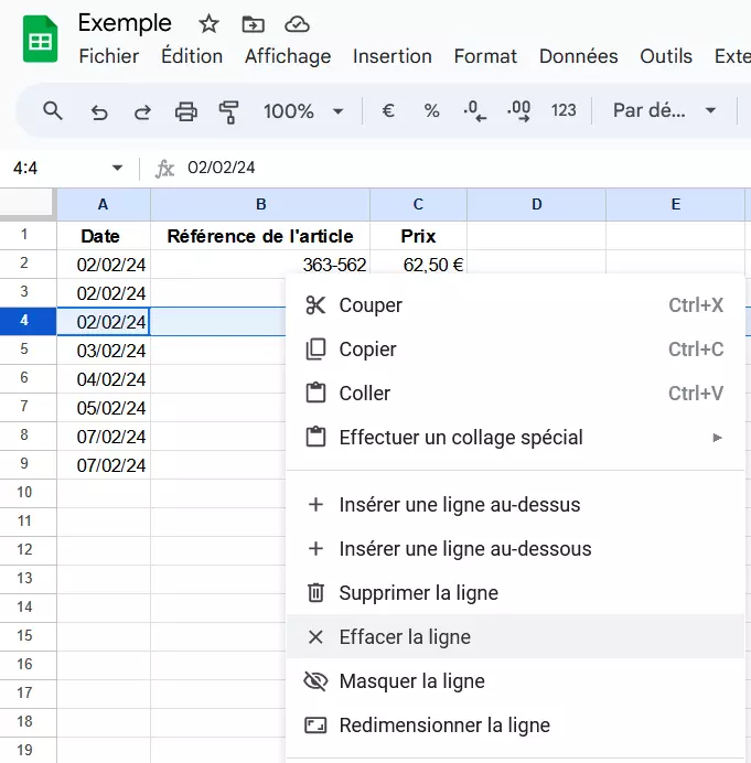 Capture d’écran du menu déroulant dans Google Sheets