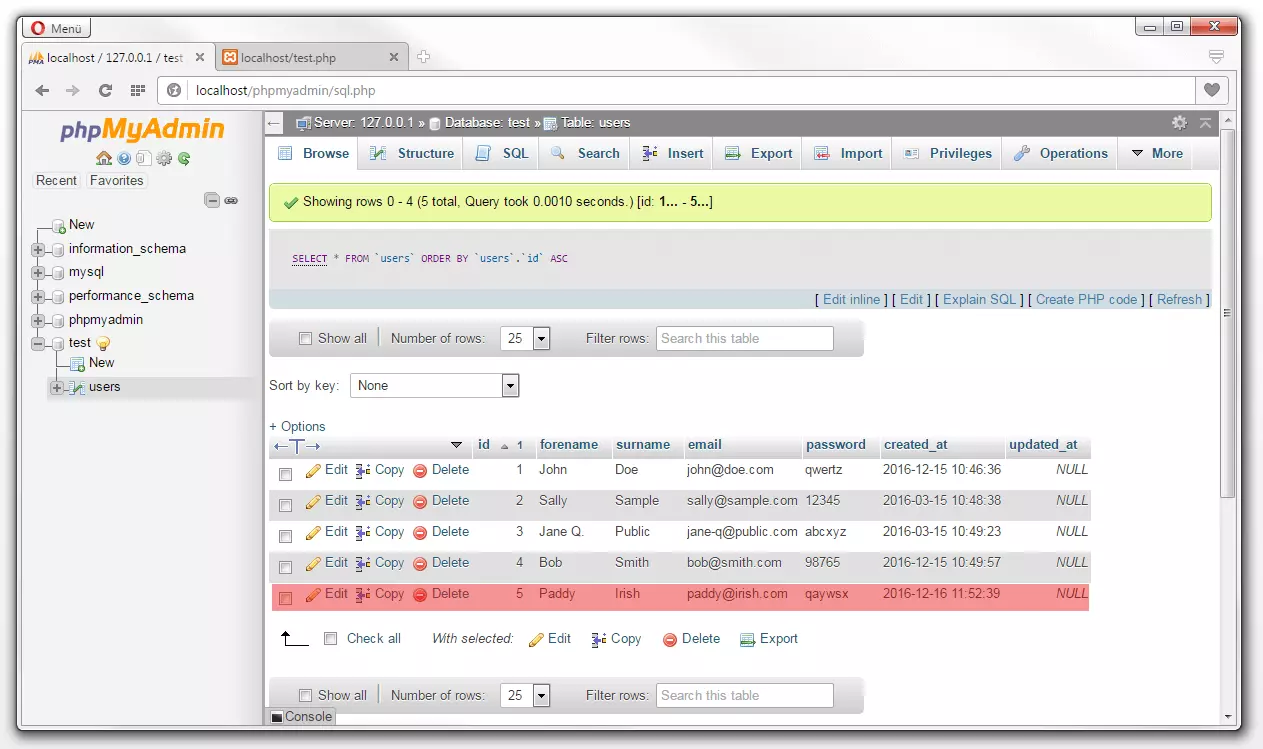 phpMyAdmin : aperçu du tableau actualisé selon l’opération de base de données INSERT