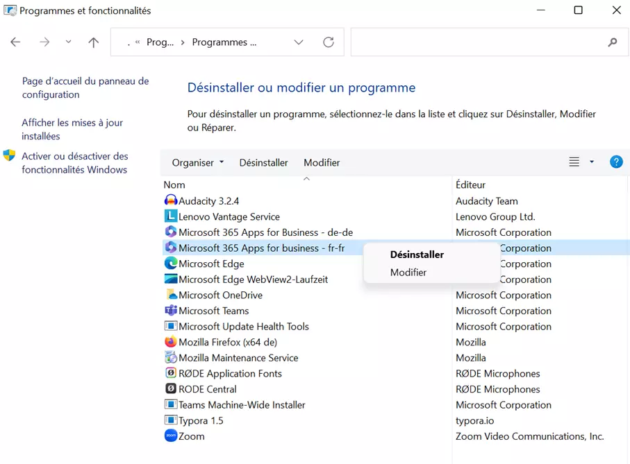 Réparer Outlook dans le panneau de configuration