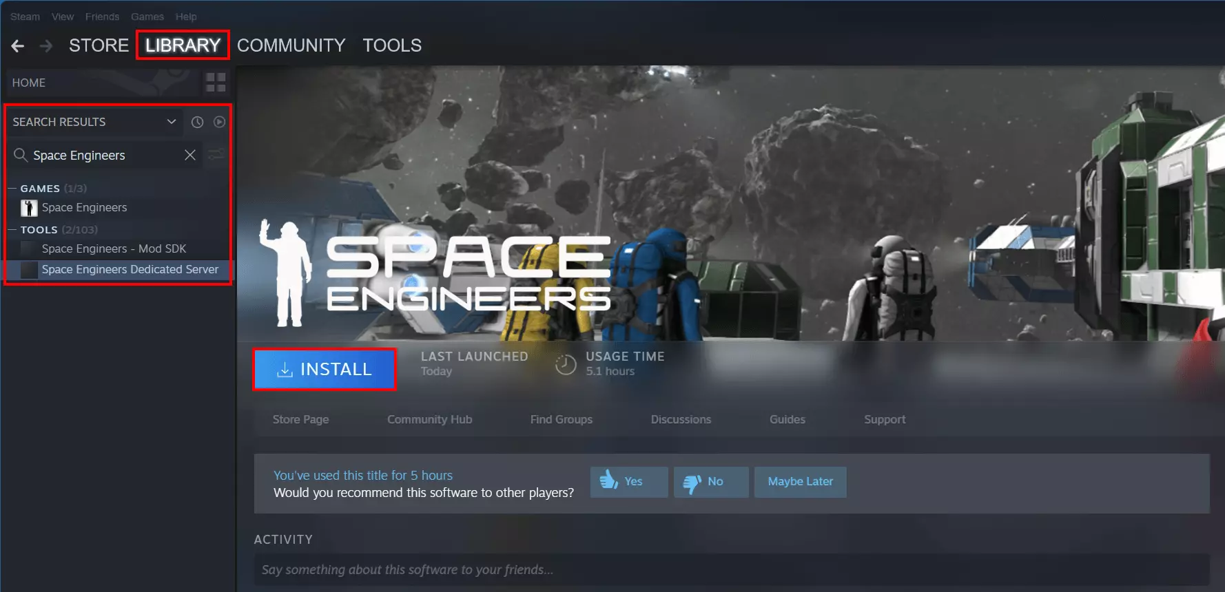 Client Steam : installation du serveur dédié Space Engineers