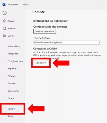 « Compte » dans le menu « Fichier » de l’application Word