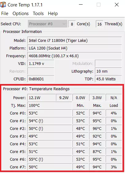 Aperçu de Core Temp