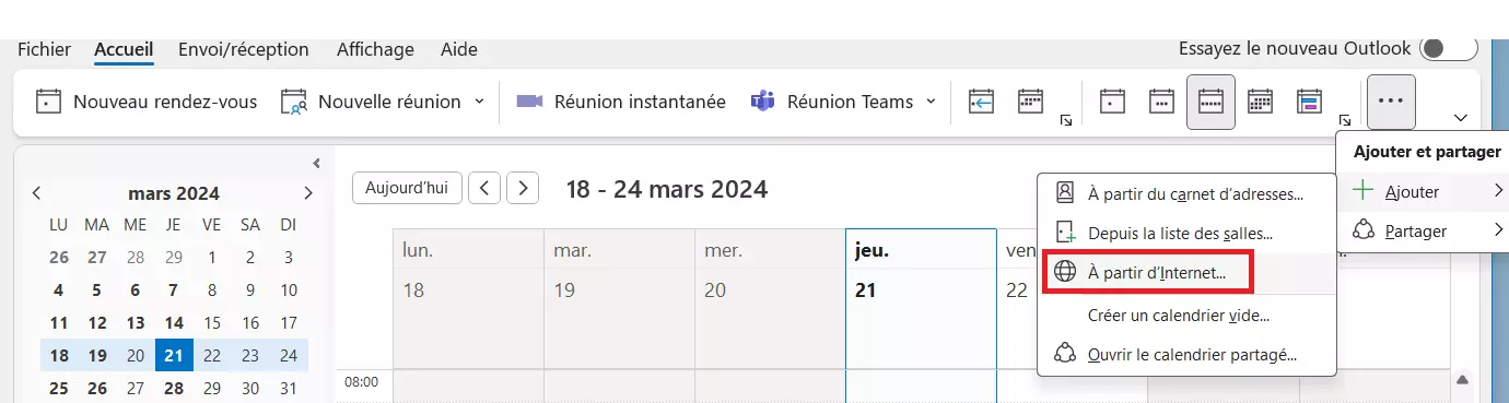 Outlook : ajouter un calendrier à partir d’Internet