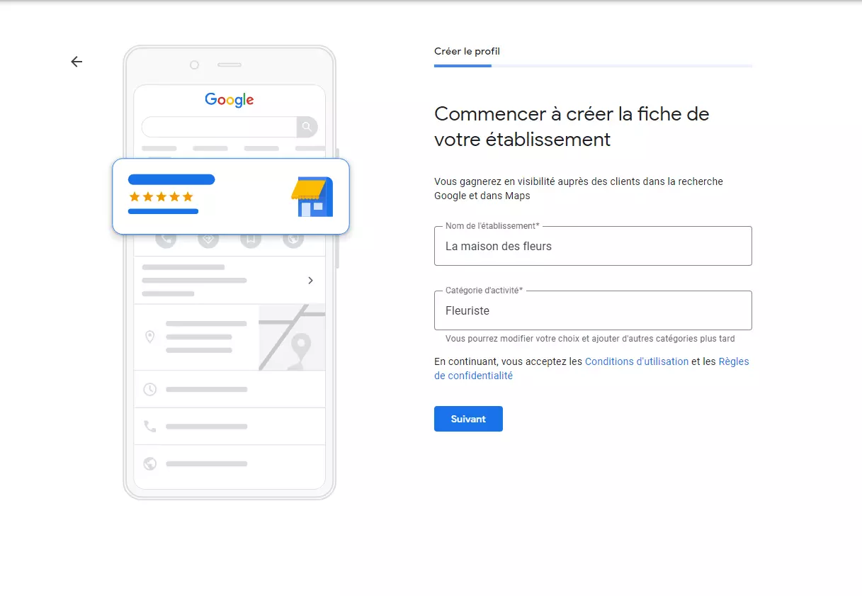 Inscrivez-vous sur Google My Business : sélectionnez le nom de l’entreprise et la catégorie