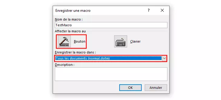 Menu « Enregistrer une macro » dans Word 365 