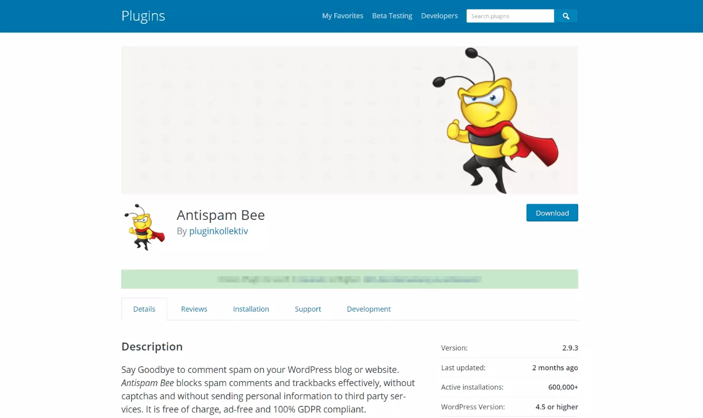 wordpress.org : page d’aperçu du plugin « Antispam Bee »