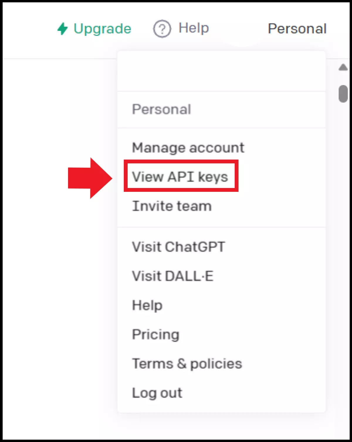 L’option « View API Keys » (Afficher les clés API » dans le menu d’utilisateur