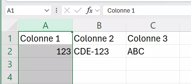 Excel : colonne sélectionnée « A »