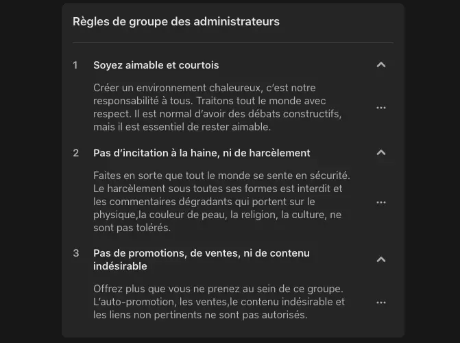 Impression écran : Exemple de nétiquette d’un groupe Facebook