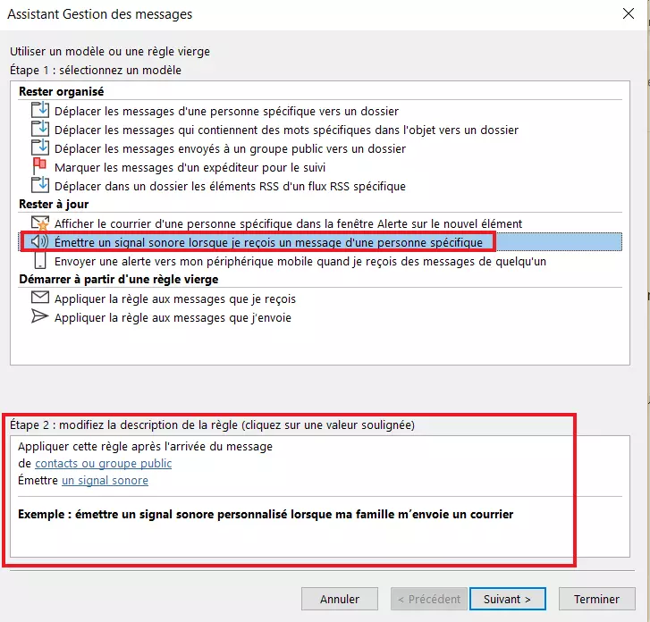 Assistant règles Outlook : sélection des modèles de règles