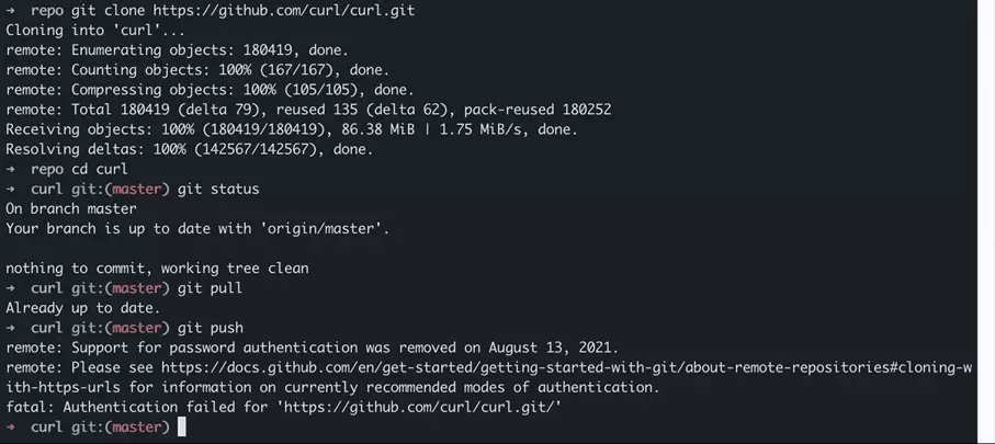 Résultat de git pull et de git push du référentiel cURL local