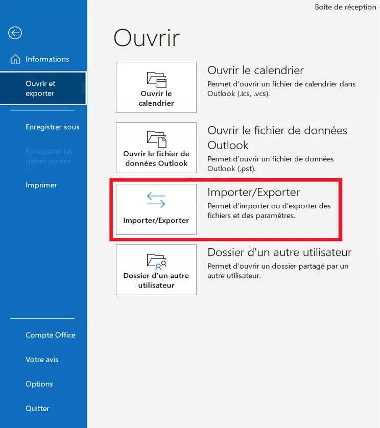 Menu « Importer/Exporter » Outlook, qui se trouve sous « Fichier » > « Ouvrir et exporter »