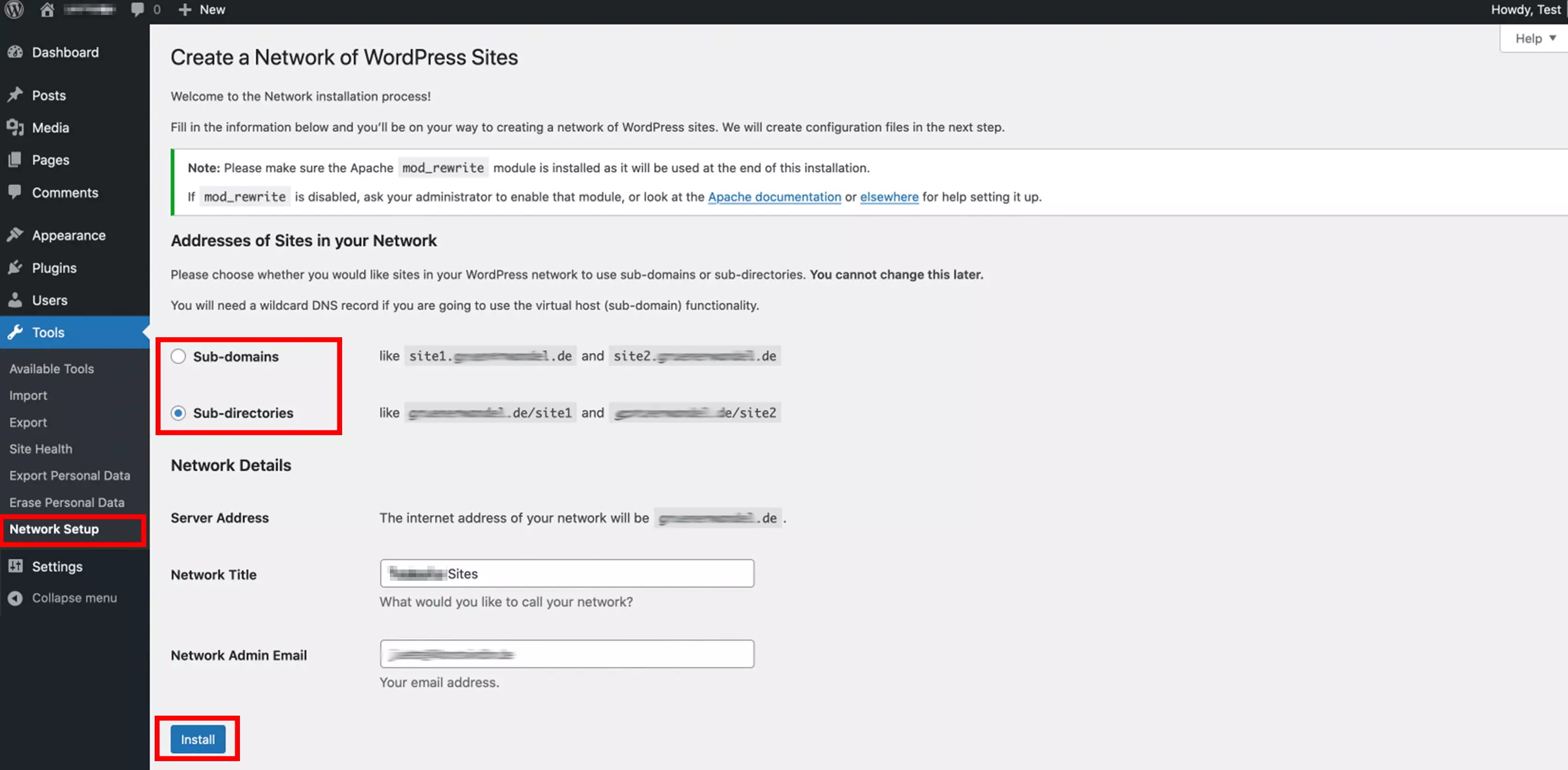 Configuration du réseau dans le backend de WordPress