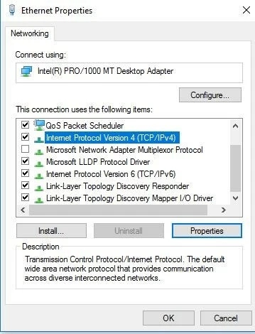 Configuration Ethernet avec Windows 10