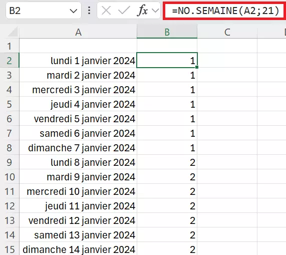 Excel :Formule NO.SEMAINE