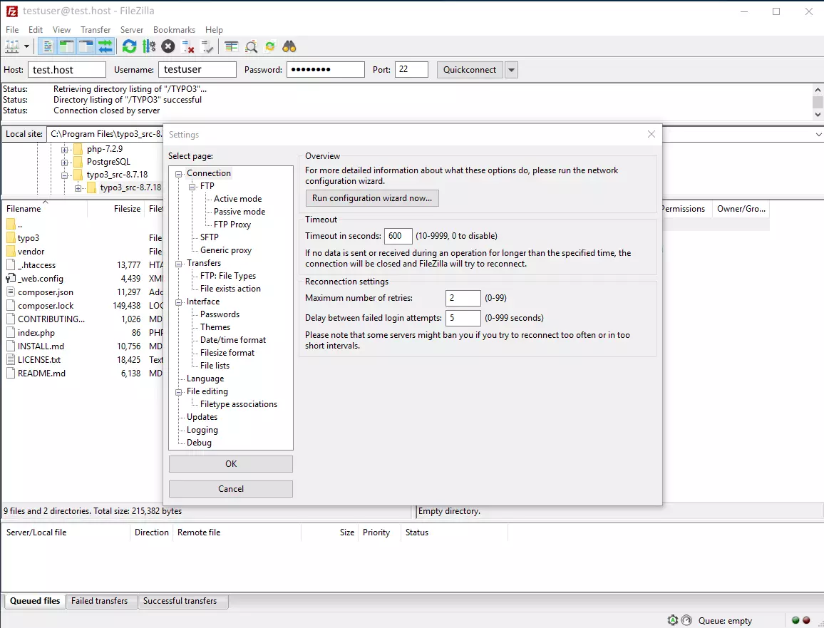 Interface de FileZilla pour les différents paramétrages : connexion, transfert, interface utilisateur, édition de fichiers, mises à jour etc.