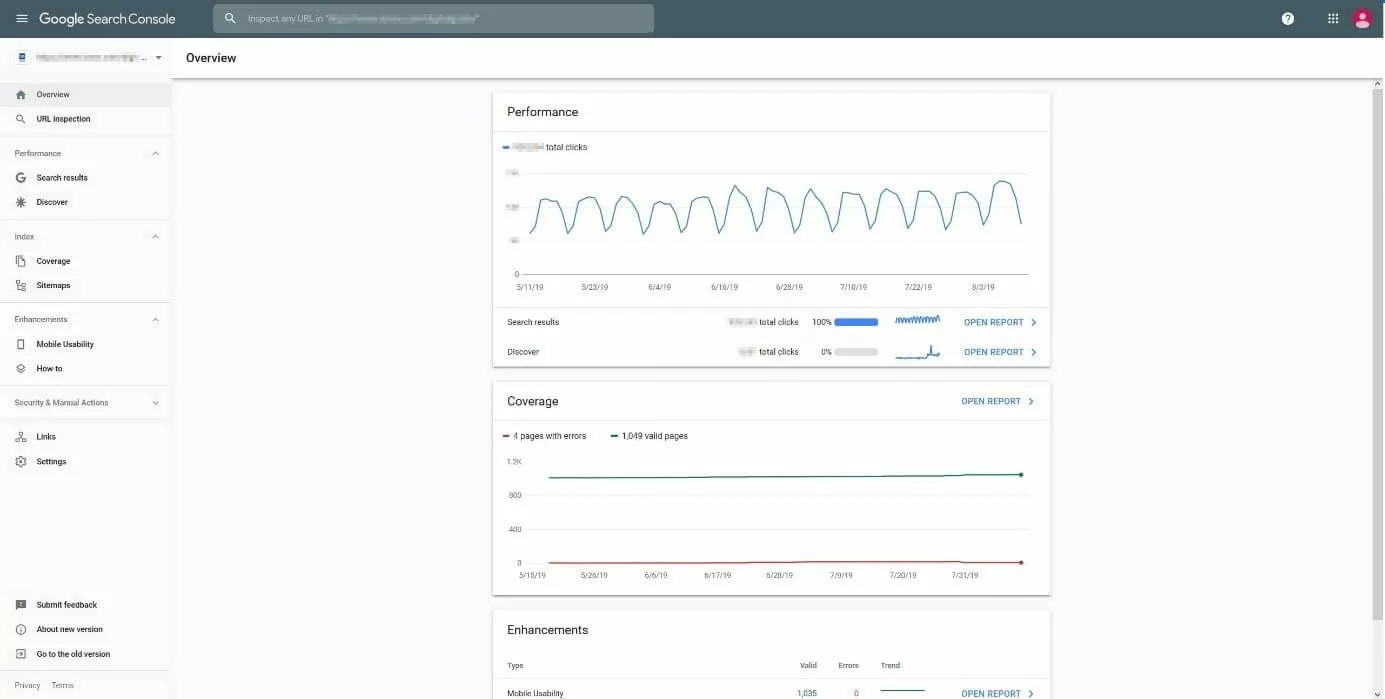 Tableau de bord de la Google Search Console