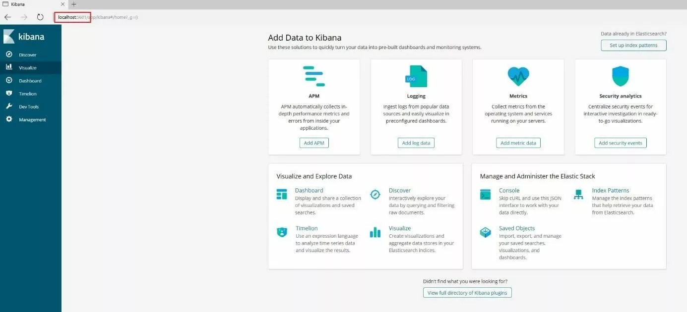 Kibana : écran de démarrage